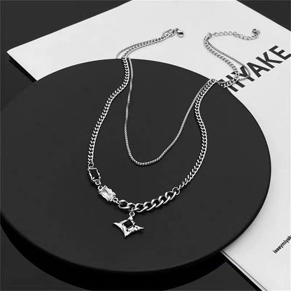 Colar de Hip Hop Zircon Star Camada Dupla Masculino Feminino Tendência Charme Aço Titânio Pingente Corrente Unissex Joias Atacado