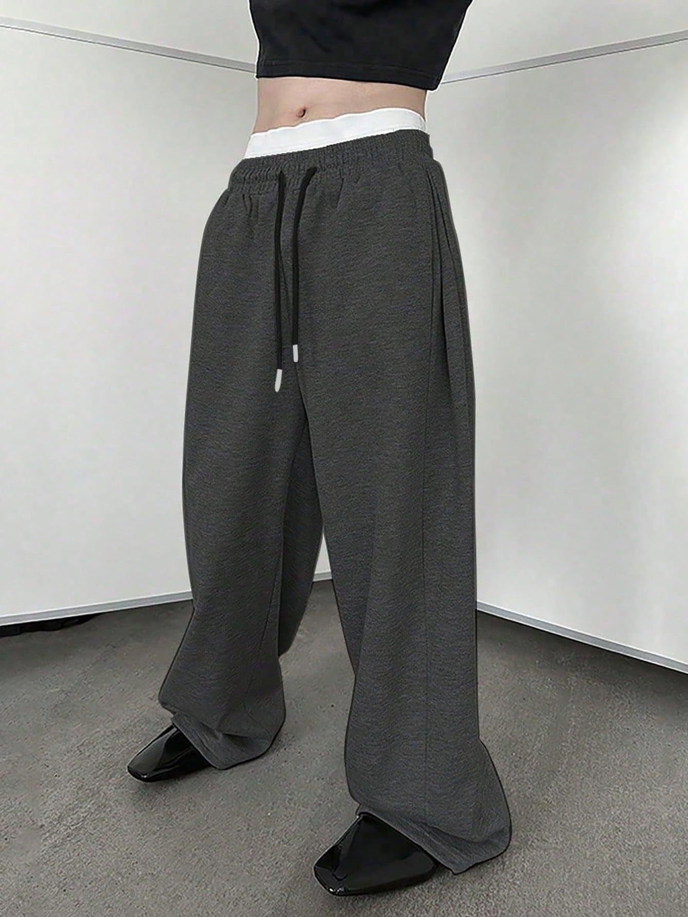 European and American men's waist trousers waist drawstring straight wide-leg loose trousers sports trousers pocket men pants