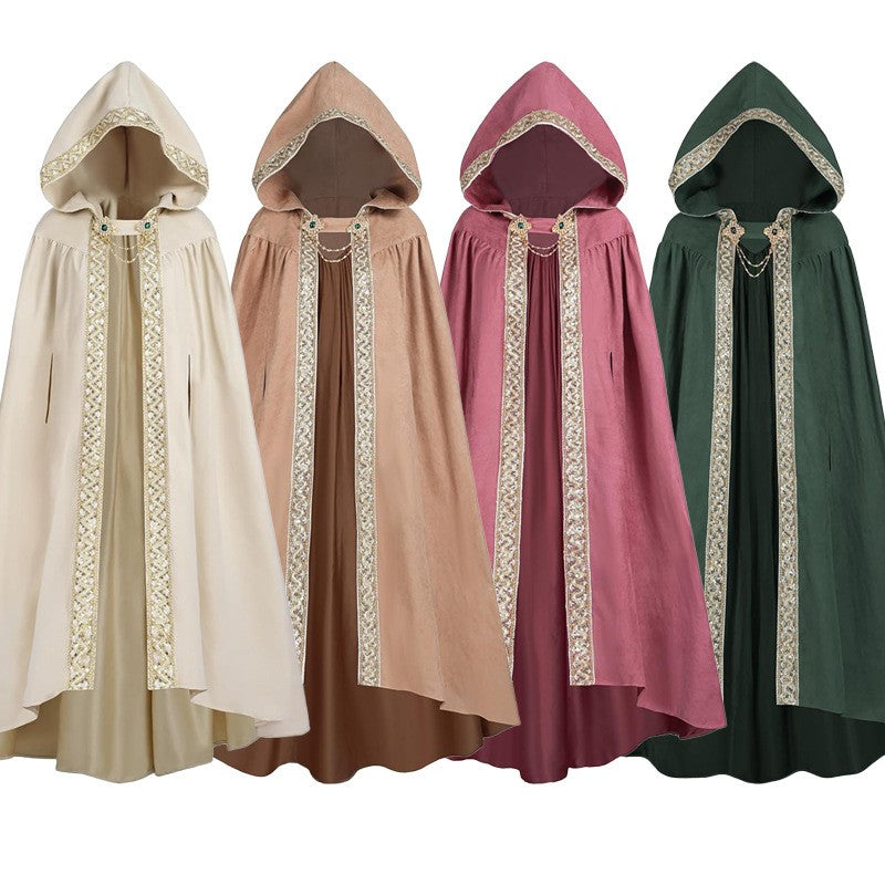 Medieval Lace Trim Hooded Cape 130cm Long Renaissance Wizard Witch Cloak Women Men Halloween Cosplay Costume