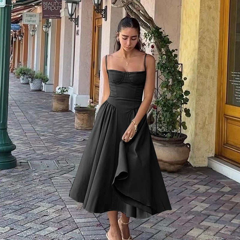 Summer Women Elegant Sleeveless Backless Pleated Dresses Lady Sexy Solid Sling M