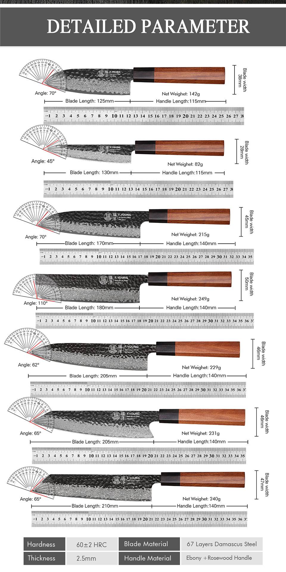 F.YOUNG Faca de Chef Japonesa Forjada à Mão Aço Damasco Facas de Cozinha Fatiar Legumes Carne Sashimi Utensílios de Cozinha