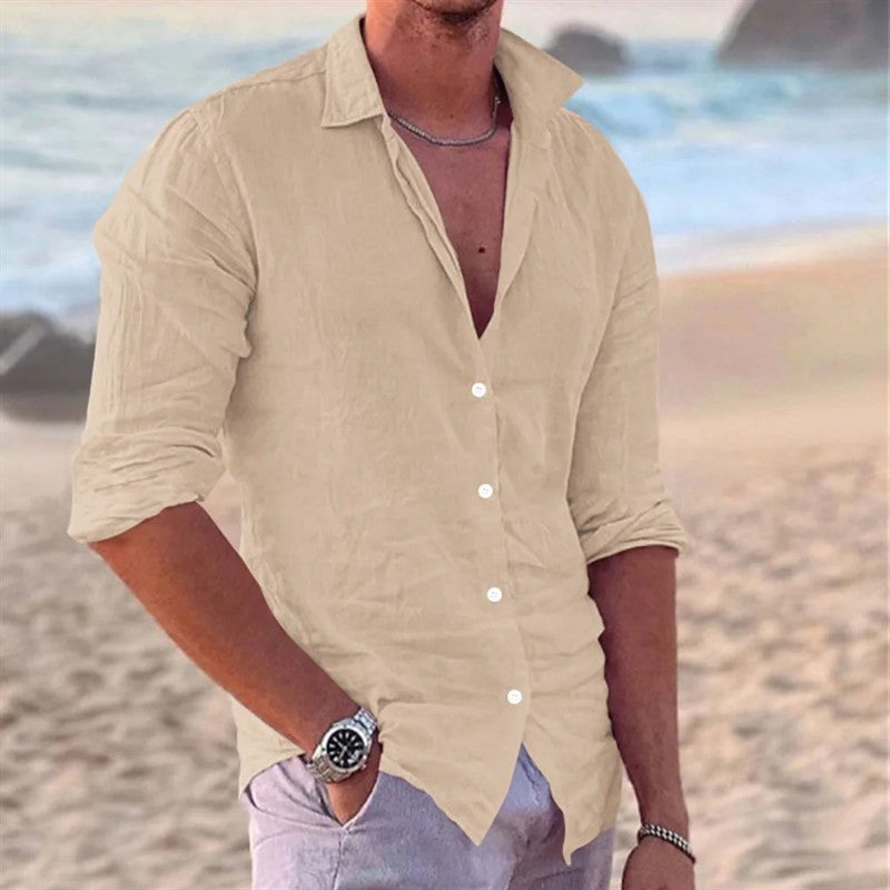 New Men's Cotton and Linen Long Sleeve Shirt Fashion Casual Lapel Beach Shirt Solid Color Hawaiian Vacation Shirt