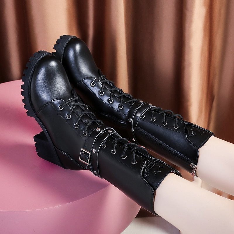 Winter New Solid Color Thick Sole Increase Buckle Design Model Boots Round Head Square Heel Non-slip Women's Mid-calf Boots