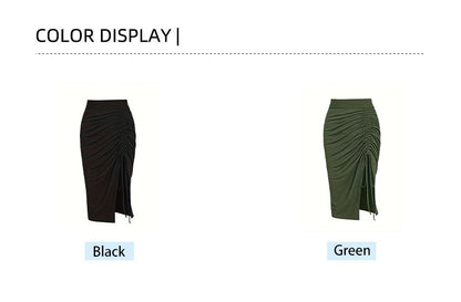 Plus Size 2024 Spring/Summer New  Solid Ruched Drawstring Split Skirt, Casual Bodycon Stretchy Skirt For Spring & Summer, Women