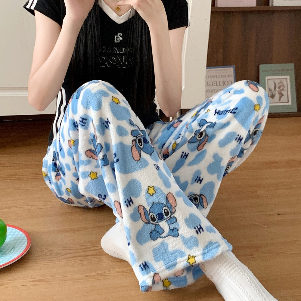 Anime Stitch Plush Pajama Pants Sanrio Kawaii Hello Kitty Cute Women Winter Warm Student Sleeping Pants Loose Casual Home Pants