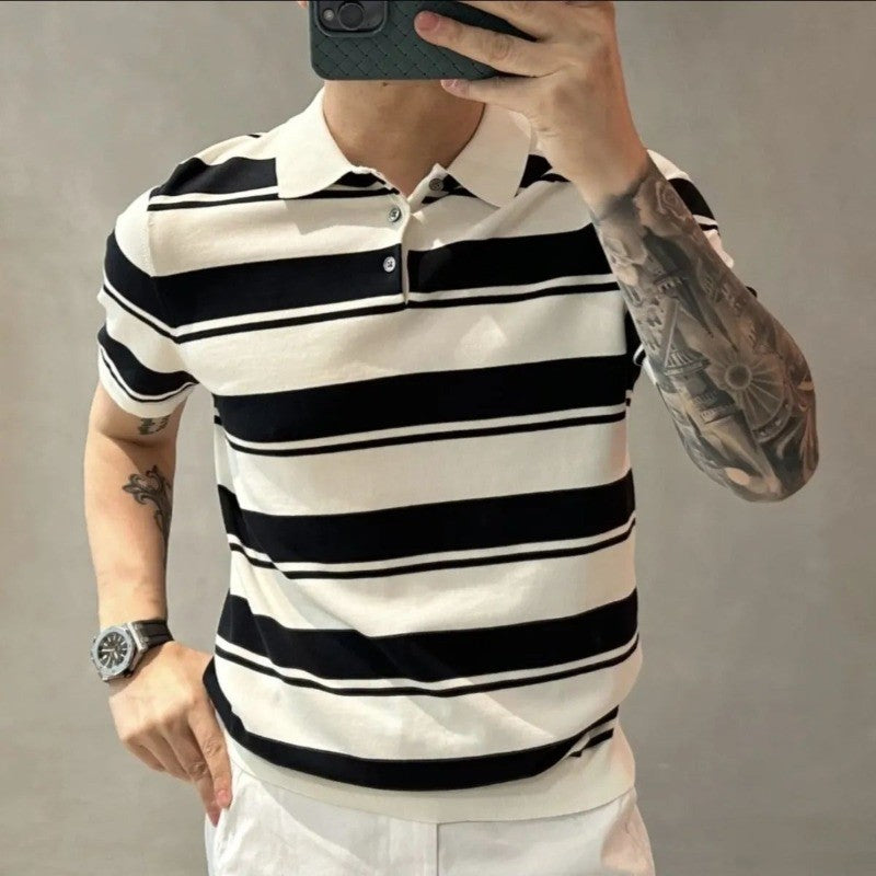 Smart Casual Summer Polo Shirts Men Turn-down Collar Striped Contrast Color Button Simplicity Fashion Loose Short Sleeve Tops