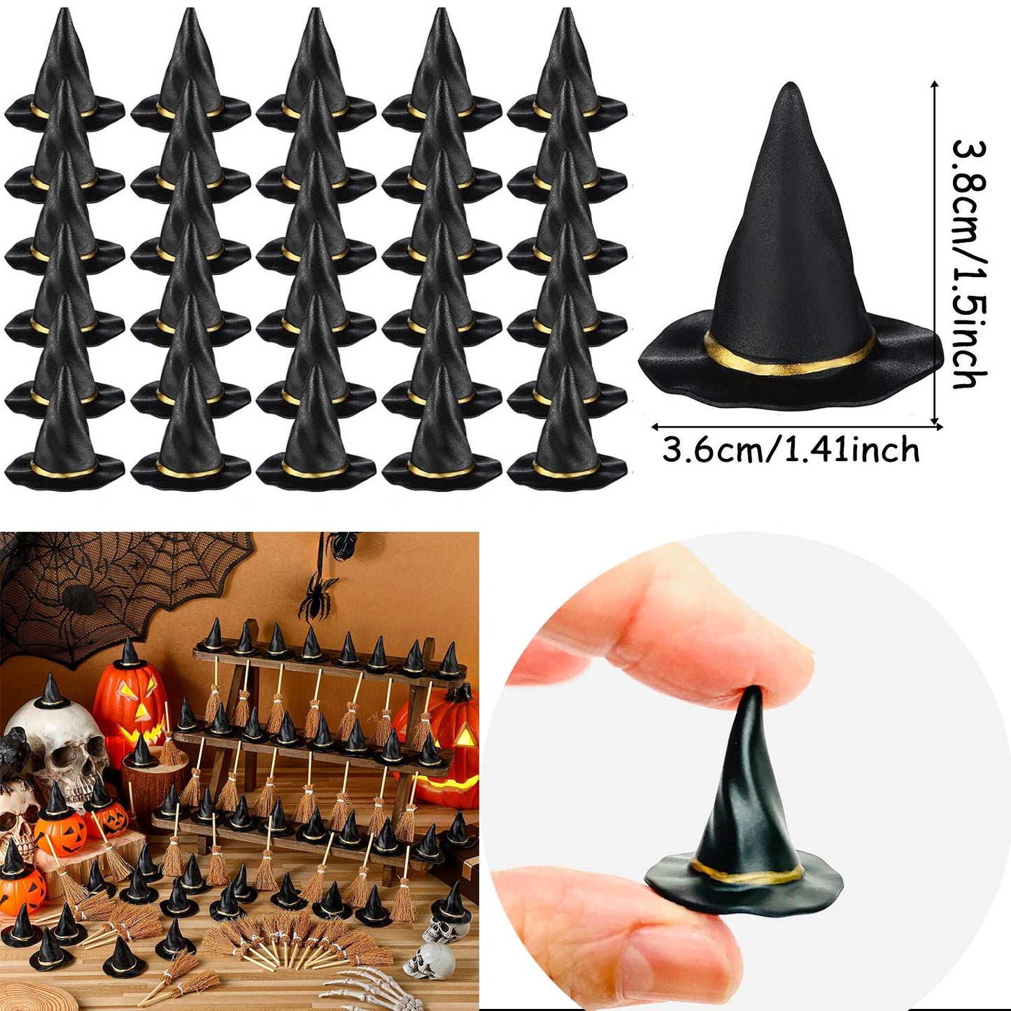 10-50Pcs Mini Witch Hat with Mini Broom Miniature Straw Brooms with Red Rope for Halloween Party Craft Witches Decor Accessory