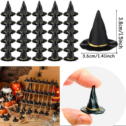 10-50Pcs Mini Witch Hat with Mini Broom Miniature Straw Brooms with Red Rope for Halloween Party Craft Witches Decor Accessory