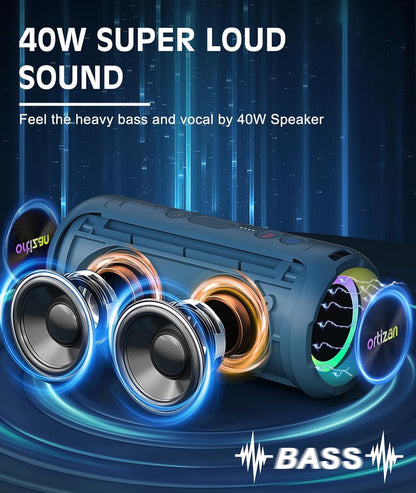 Caixas de Som Bluetooth Ortizan 40W Som Alto Portátil Estéreo Sem Fio IPX7 À Prova d'Água Pareamento Duplo Graves Profundos Caixa de Música LED