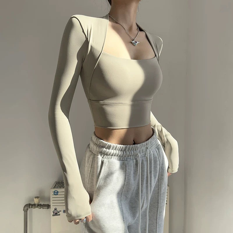 Women's Elegant Long Sleeve Yoga Shawl Sports Top with Chest Cushion Short Elegant Yoga Top Small Camback Pura Speed Dry Autumn