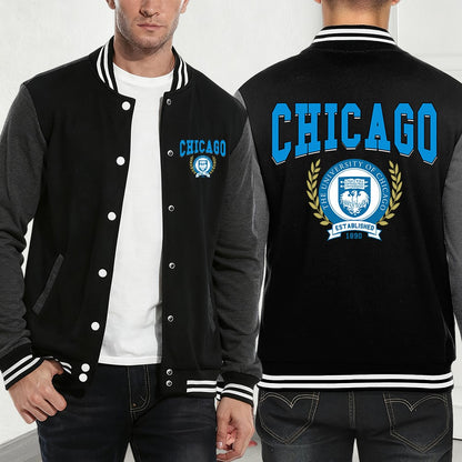 Chicago University Printing Baseball Coat Mens Basics Sporty Jackets Fleece Warm Soft Sportswear Casual Pocket Men'S Clothes