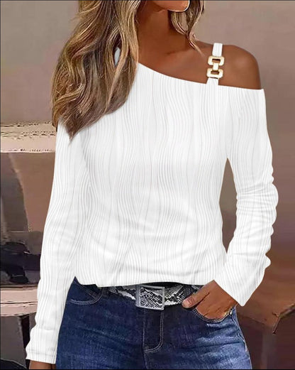Elegant Women Sexy Loose Blouse 2025 Spring Winter One Shoulder Hollow Out Chain Hanging Neck Printed Button Fashion Female Tops