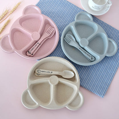 3-Piece Cute Divided Dining Plate for Children's Bowls Solid Color Fork Spoon Sucking Tableware Set with Wheat Material