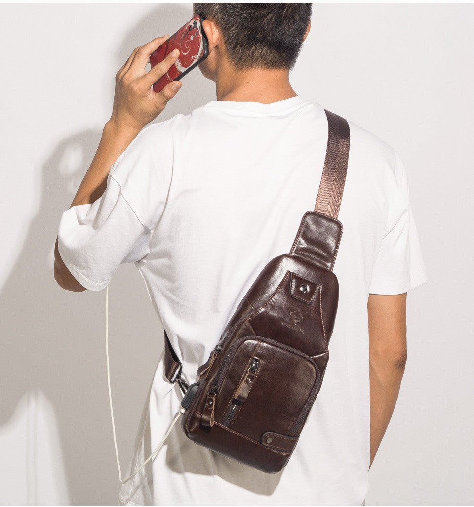 HUMERPAUL Men's Usb Chest Bag 100% Genuine Leather Crossbody Shoulder Bags Multifunction Travel Outdoor Messenger Pack Fashion