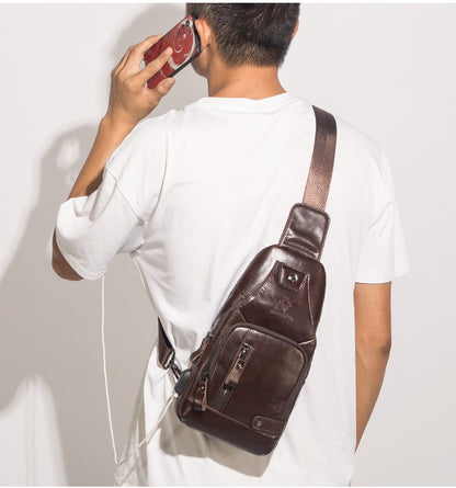 HUMERPAUL Men's Usb Chest Bag 100% Genuine Leather Crossbody Shoulder Bags Multifunction Travel Outdoor Messenger Pack Fashion