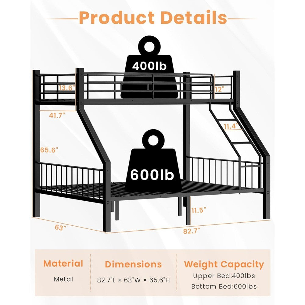 Twin XL Over Queen Bunk Bed, Heavy Duty Bunk Bed with Safety Ladder and Full-Length Guardrails, Metal Queen Bed Frame
