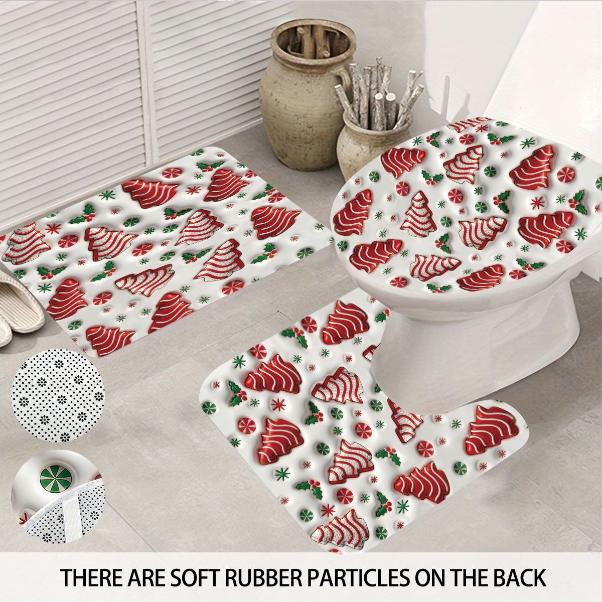 4pcs Christmas colored candy printed bathroom set 180x180 waterproof shower curtain, floor mat, toilet seat mat, U-shaped mat