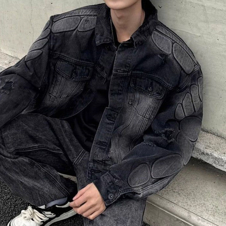 American Loose Hole Denim Jacket Men's Spring Broad Shoulder Rugged Handsome Coat Armor Design Motorcycle Jean Jacket Streetwear