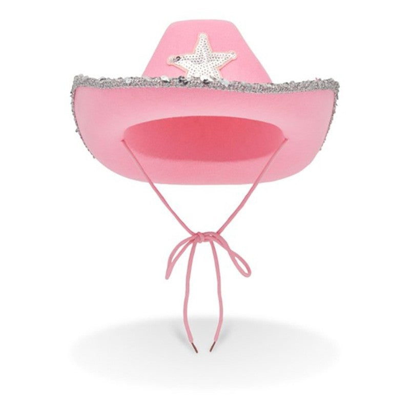 Pink Cowgirl Hat with Sparkling Sequins Trim for Halloween Dress Up Cosplay Party Supplies Costume Accessories