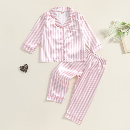 Kid Girls Boys Fall Pajamas Set Stripe Print Long Sleeve Shirts Tops Long Pants Satin 2 Pieces Lounge Suit Sleepwear
