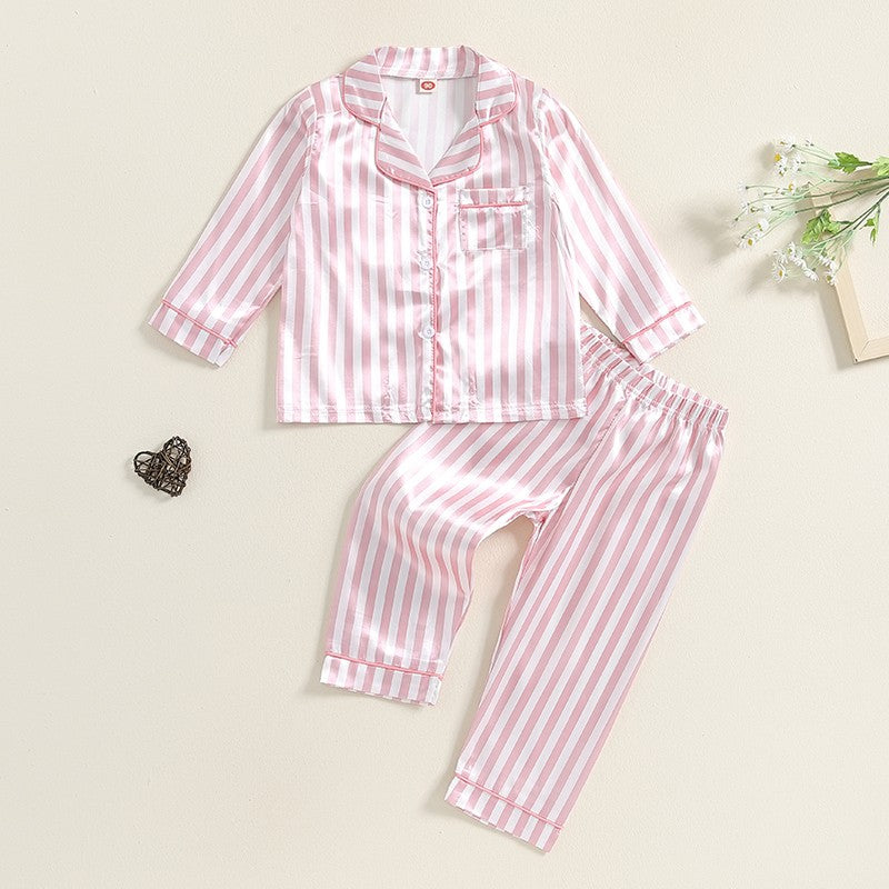 Kid Girls Boys Fall Pajamas Set Stripe Print Long Sleeve Shirts Tops Long Pants Satin 2 Pieces Lounge Suit Sleepwear