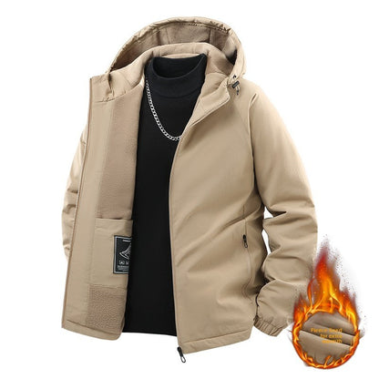 Jaqueta de Pesca Masculina Externa Capuz Larga Forro Polar Grosso Casaco Outono Inverno Jaqueta Casual Simples Versátil Casaco Acolchoado de Algodão