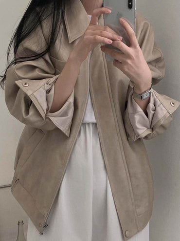 Sli Loose PU Leather Jaet Women's Chic Retro Collar Versatile BF Sle Motorcycle Clothes Trendy Long Sve Zipper