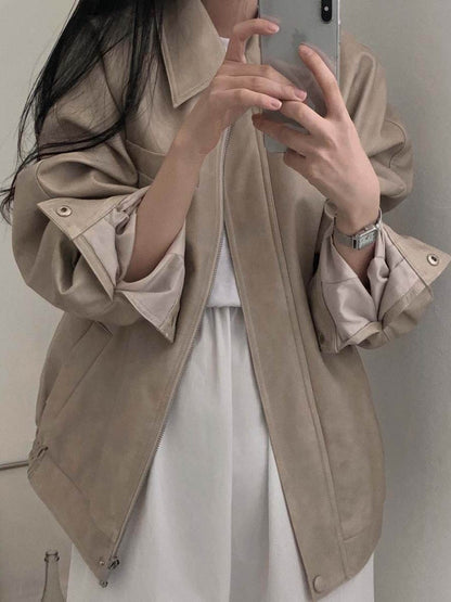 Sli Loose PU Leather Jaet Women's Chic Retro Collar Versatile BF Sle Motorcycle Clothes Trendy Long Sve Zipper