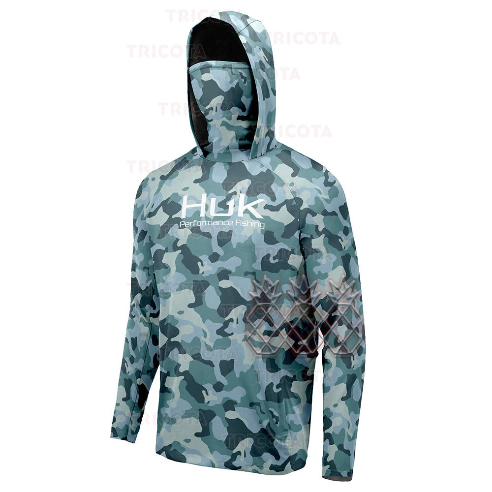 Camisas de Pesca HUK Masculinas Máscara Manga Longa Roupas de Pesca Ao Ar Livre Roupa UV Casaco com Capuz Upf Protetor Solar Respirável Tops de Pesca