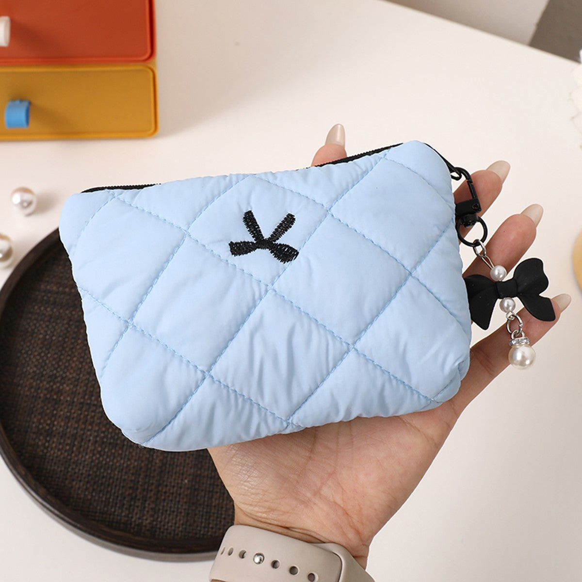 Simple bow quilted clutch, portable everyday small item pouch for lipstick, earphones, and change, soft travel makeup bag
