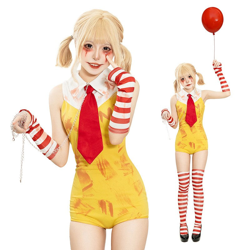 Women Halloween Funny Clown Girl Cosplay Jumpsuit Complete Accessory Set Ladies Party Roleplay Costume Cute Carnival Slim Outfit