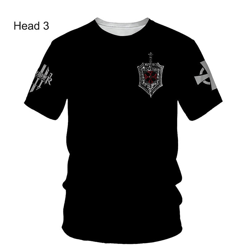 Crusader Knights Templar 3D Harajuku Print Handsome Retro Taste Fashion Personality Street Men's Round Neck Short Sleeve T-shirt