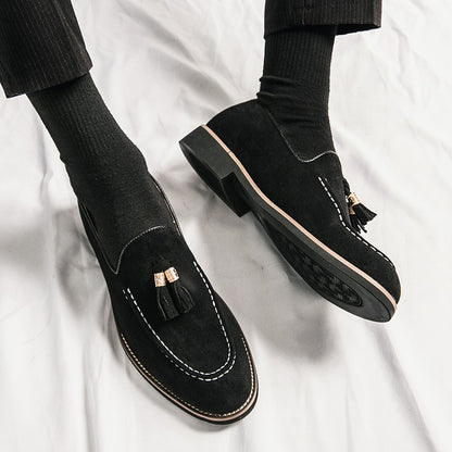 New Fashion Tassel Leather Men Shoes Slip On Loafers Round Toe Patchwork Suede Dress Shoes Man Daily Wedding Party Shoes for Man