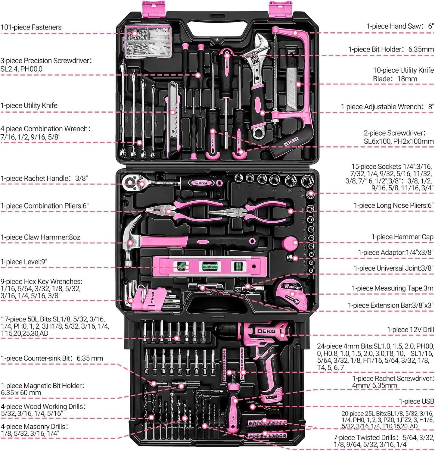 Caixa de ferramentas DEKO Home Mechanic com furadeira sem fio 12V, kits combinados de conjuntos de ferramentas de reparo manual e estojo organizador de armazenamento com gaveta