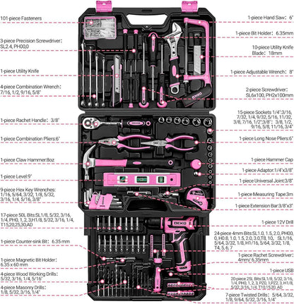 Caixa de ferramentas DEKO Home Mechanic com furadeira sem fio 12V, kits combinados de conjuntos de ferramentas de reparo manual e estojo organizador de armazenamento com gaveta