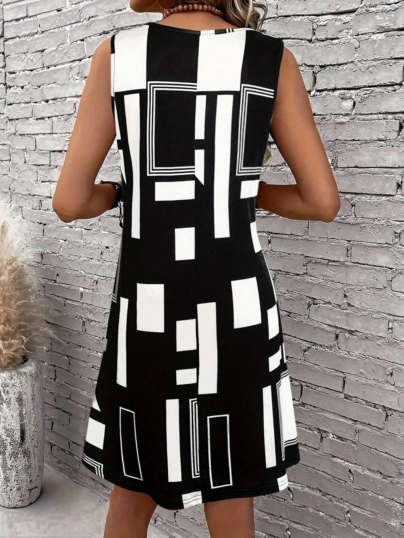Geometric Pattern Sleeveless Dress For Women‘s Summer Clothes,Black Women Midi