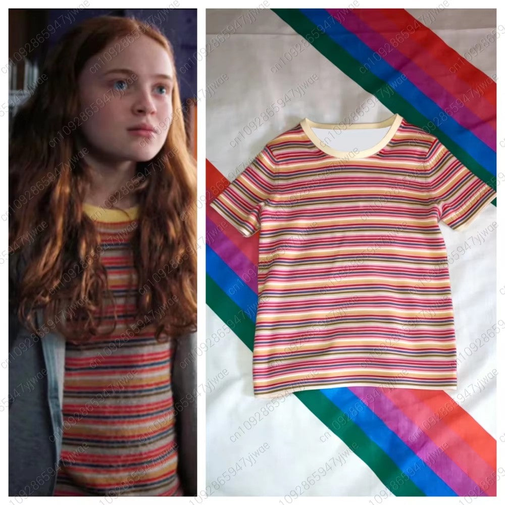 2026 Max Mayfield Cosplay Costume Rainbow Striped T-shirt Women Kids Casual Colorful For Short Sleeve -T-Shirt