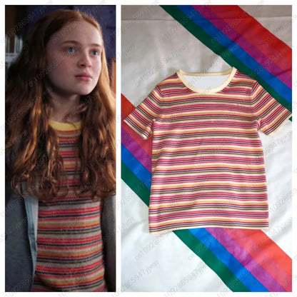 2026 Max Mayfield Cosplay Costume Rainbow Striped T-shirt Women Kids Casual Colorful For Short Sleeve -T-Shirt