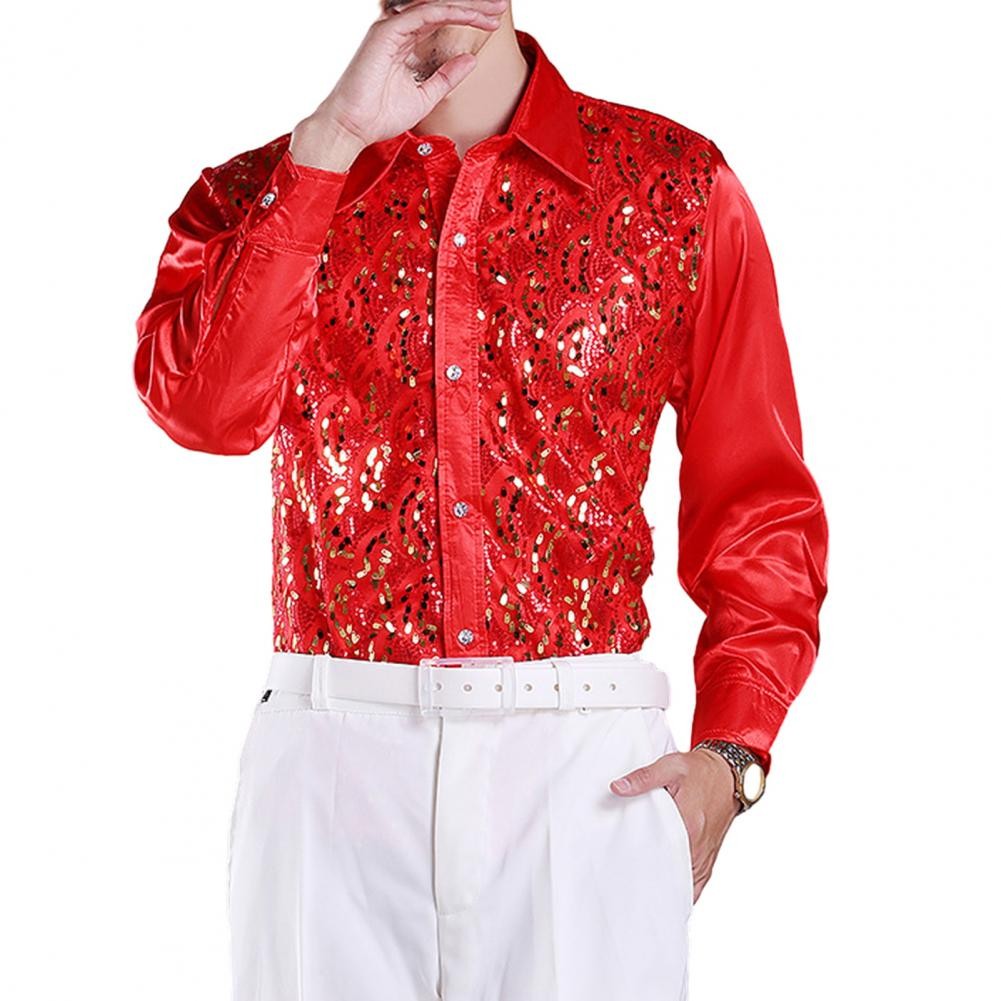 Men Sequins Shirt Adult Lapel Long Sleeved Dance Performance Shirt Costume Wedding Stage Shirt Slim Fit Casual Men Shirts Tops