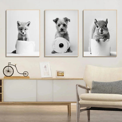 Black and White Cute Animal and Toilet Paper Poster Lion Owl Cat Dog Canvas Painting Wall Art Bathroom Living Room Home Decor