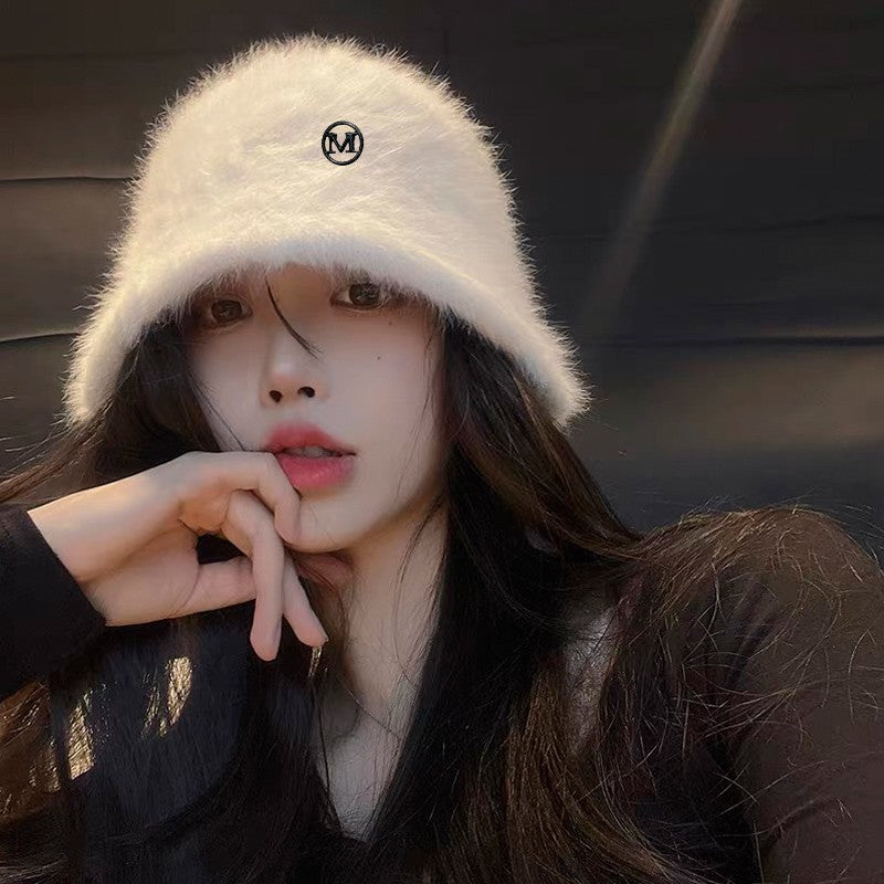 Coreia Designer M Bucket Hat Feminino Quente Pelúcia Angola Coelho Pelo Chapéu Senhora Outono Inverno Ins Moda Chapéu Bacia Retrô Fofo Panamá