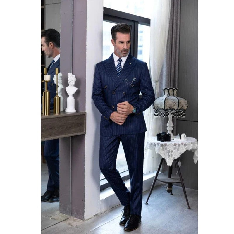 2 Piece Luxury Blue Double Breasted Men Suits Stripe Peak Lapel Flat Front  Jacket Pants Formal Office Business Work Full Sets