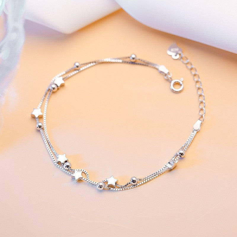 Pulseiras de miçangas de estrela de prata esterlina 925 de luxo para mulheres, pulseira ajustável de camada dupla de designer original, joia de festa