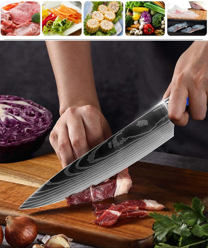 Faca de Cozinha Japonesa Chef 1-10 Peças Conjunto 7CR17 Aço Inoxidável 440C Desenho Damasco Cutelo de Carne Fatiador Santoku Ferramentas de Cozinha