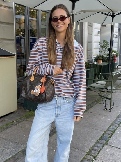 Autumn New Striped Loose Polo Collar Women Tops Fashion Vintage Patchwork Long Sleeve T Shirt Streetwear Women Basic Tops