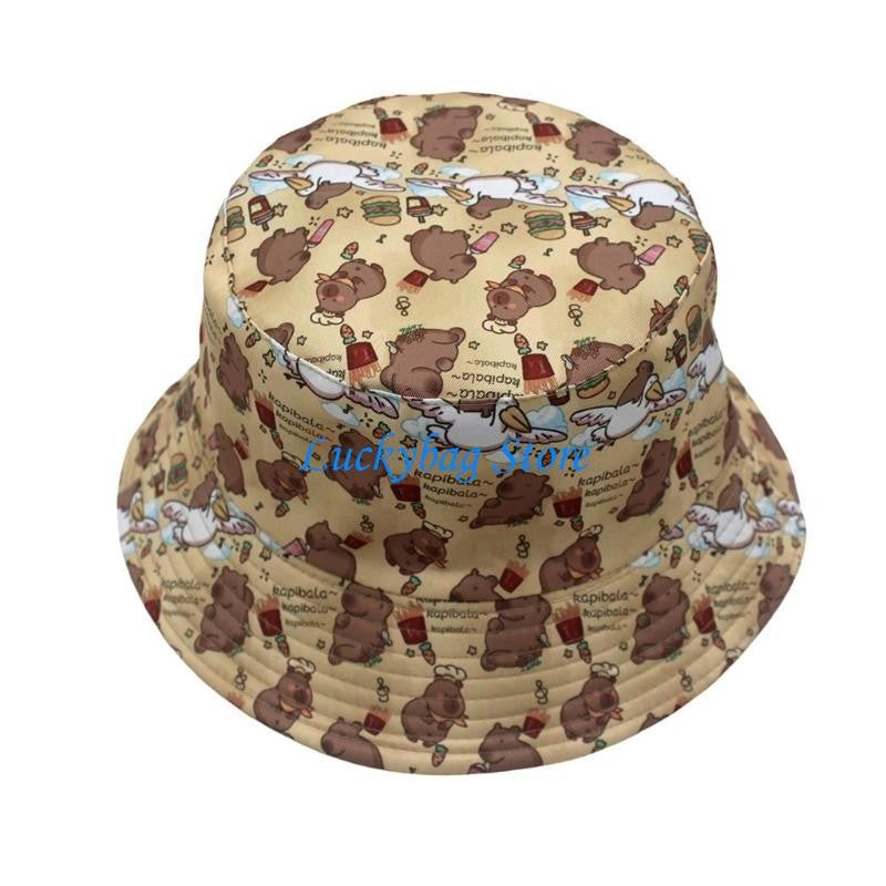 X7XE Trendy Capybara Pattern Fisherman Hat Beach Vacation Bucket Sunshade Hat for Animal Lover and Trendsetters