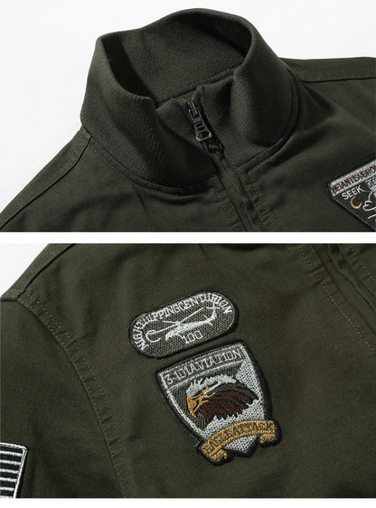 Retro Bomber Jackets Men Autumn Spring Embroidery Airplane Pilot Cargo Jackets Male Stand Collar  Embroidery Tactical Coats