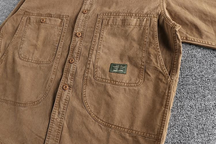 2025 Autumn New American Retro Woven Twill Cargo Shirt Men's Fashion 100% Cotton Washed Long Sleeve Double Pocket Casual Jacket