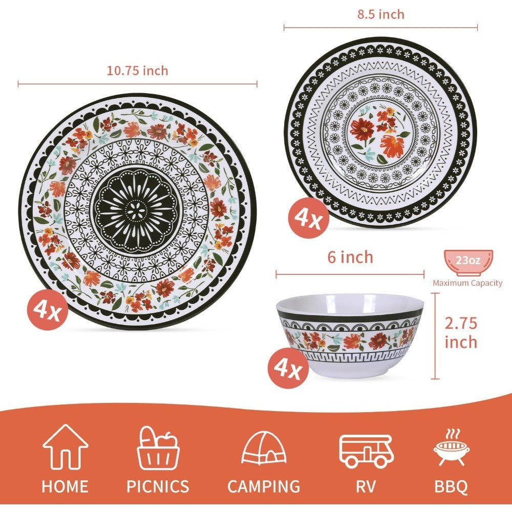 Durable 12-Piece Melamine Dinnerware Set, Ideal for Indoor and Outdoor Dining, Dishwasher Safe, Lightweight Dinnerware