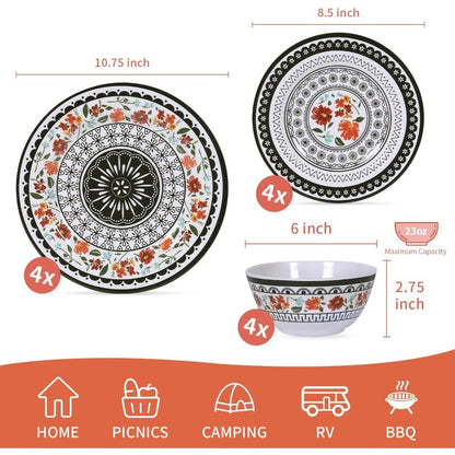 Durable 12-Piece Melamine Dinnerware Set, Ideal for Indoor and Outdoor Dining, Dishwasher Safe, Lightweight Dinnerware